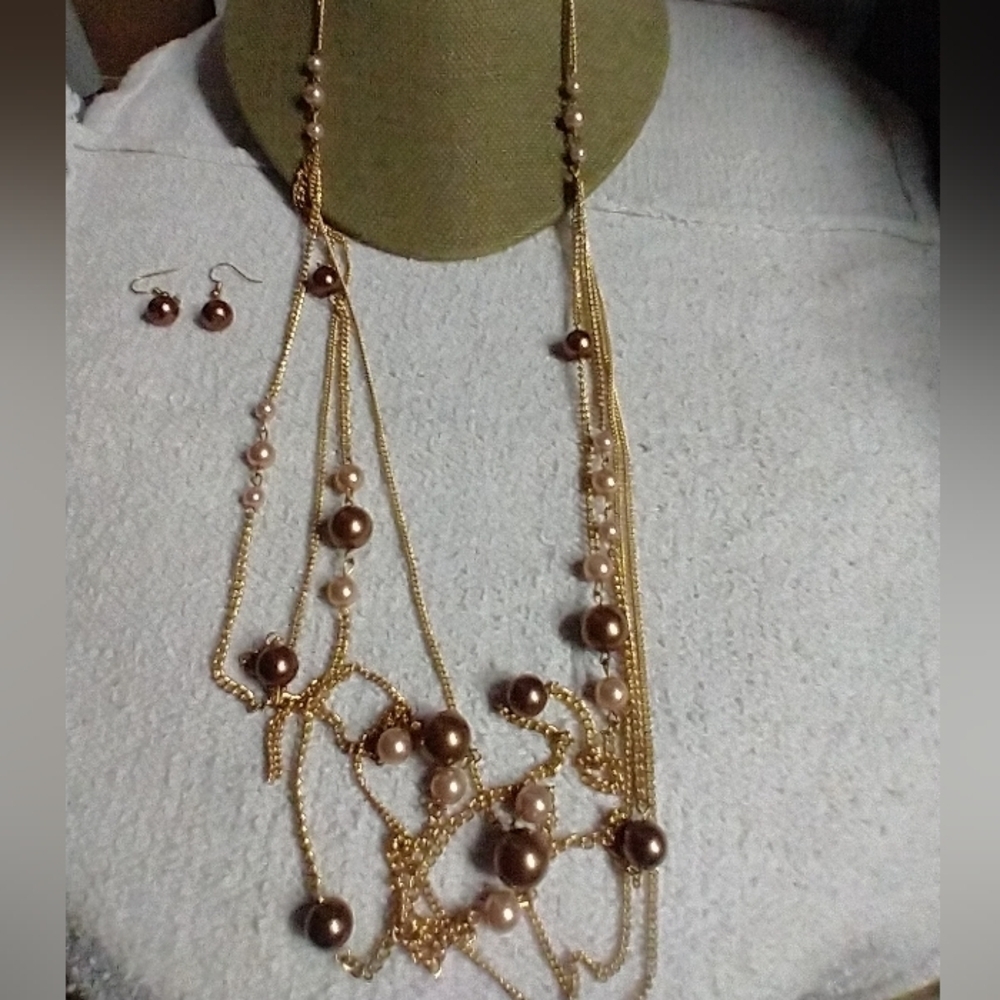 Goldtone necklace Earring set brown pink faux pearls chain multi layer